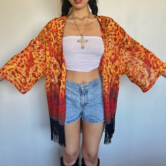Vibrant Animal Print Fringe Kimono - Picture 1 of 4